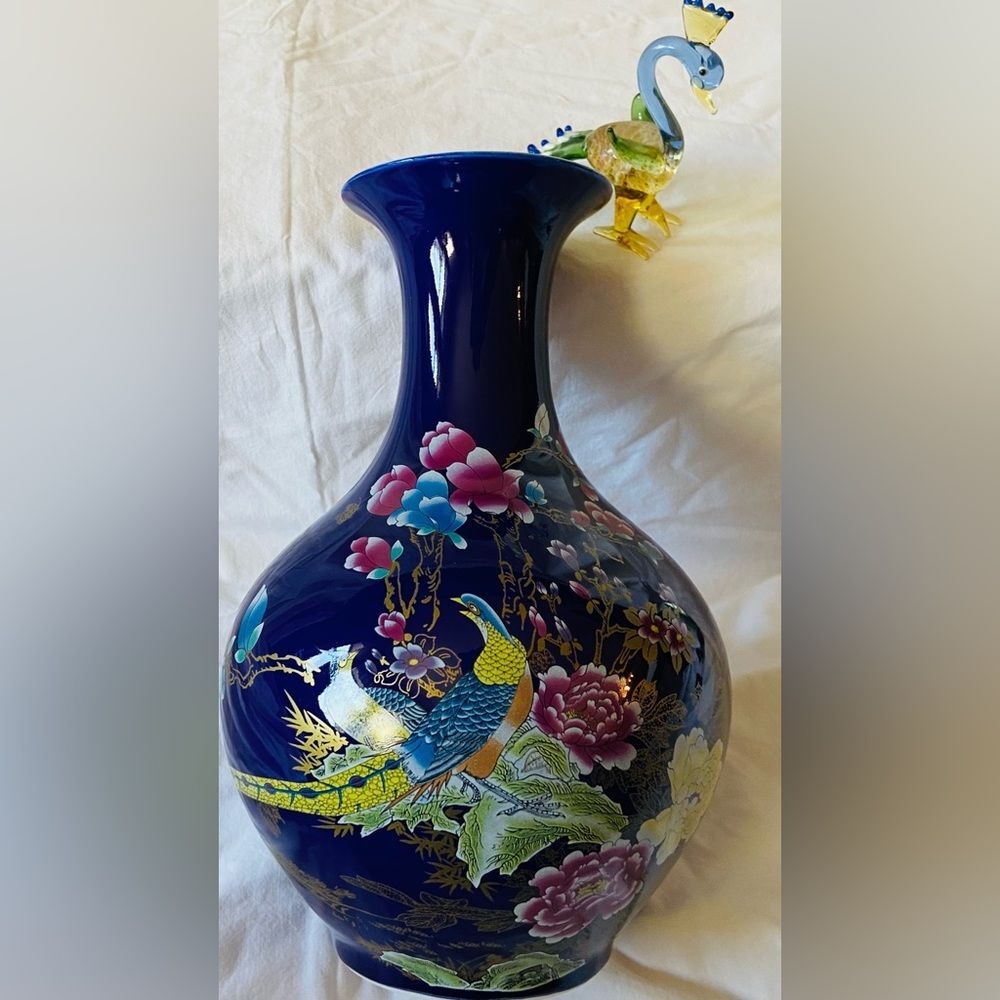 NWT Chinese Replica-Darkest Blue & Hand Painted Porcelain Exotic Birds & Orchids